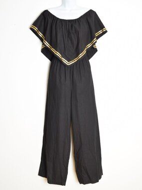 vintage 80s jumpsuit David Brown wide leg draped ruffle one piece outfit pants M